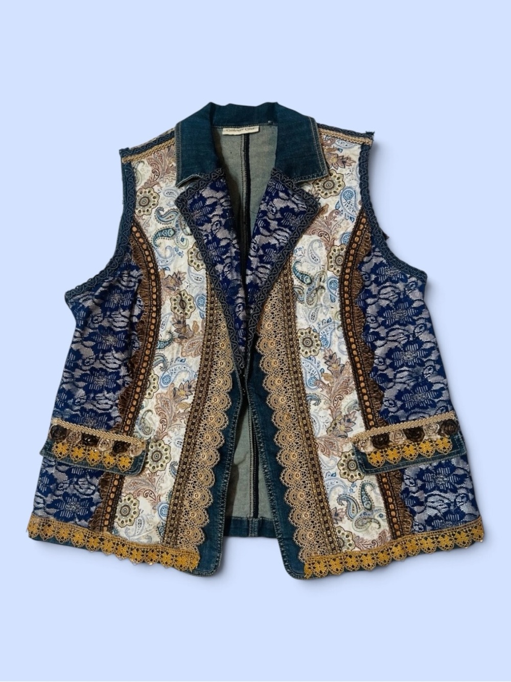 Upcycled Coldwater Creek Denim Vest Boho Paisley Lace Embellished OOAK Sz L/XL